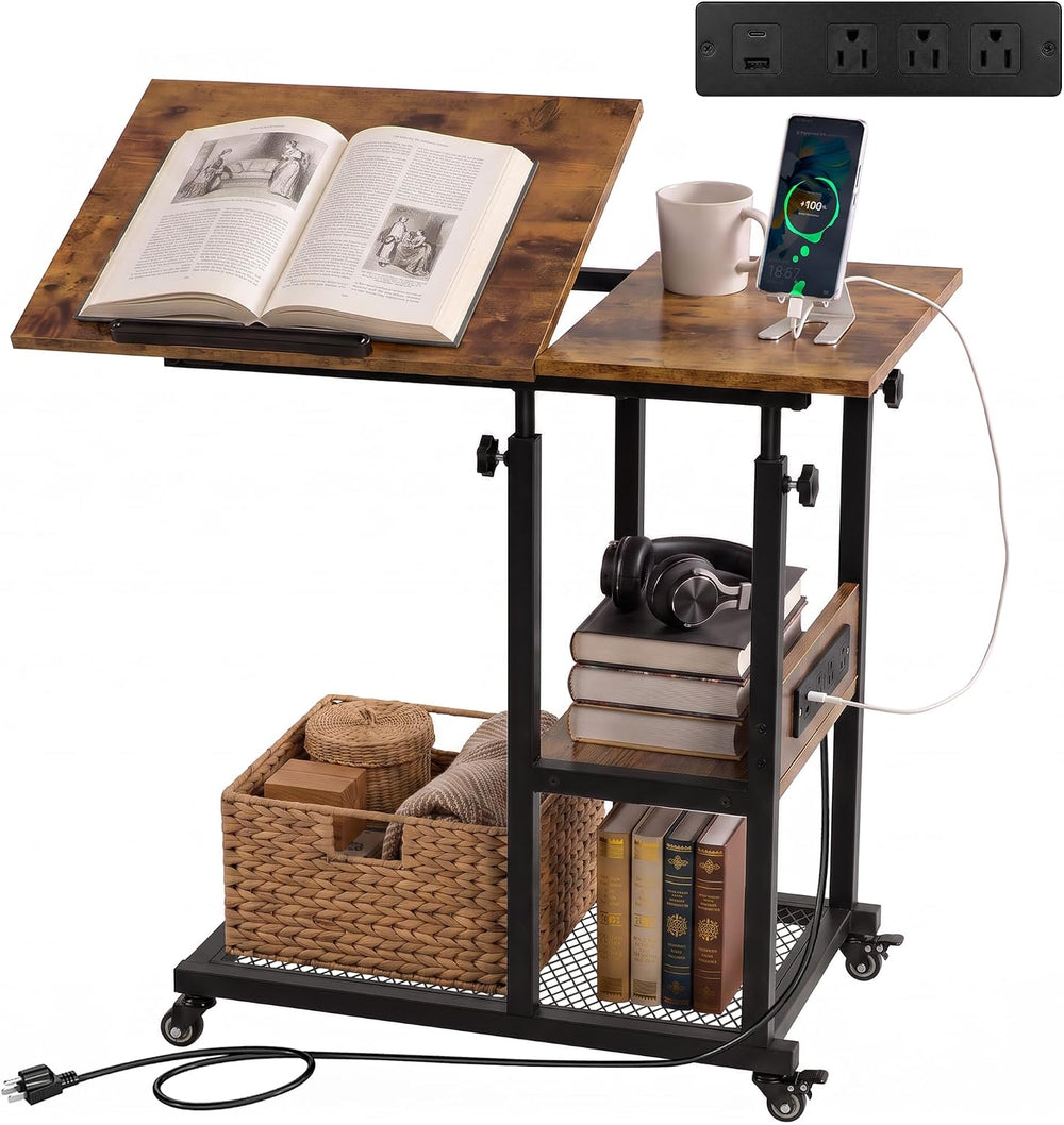 Hadulcet Adjustable C Table with Charging Station, Tiltable Desk C Shaped End...