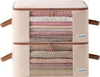 Canvas Clothing Storage 2 Bags Clothes Organizer folding fabric bags for sweaters, clothing, garment, bedding, quilt, linens, large folding organizers with zip & window, mothproof underbed space saver
