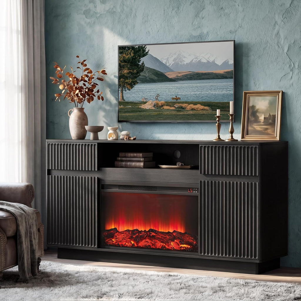 Fireplace TV Stand with 30" Electric Fireplace, Modern Fireplace Entertainment Center Fits TVs up to 70", Fluted Wood TV Console with Spacious Storage Cabinet for Living Room (Black)