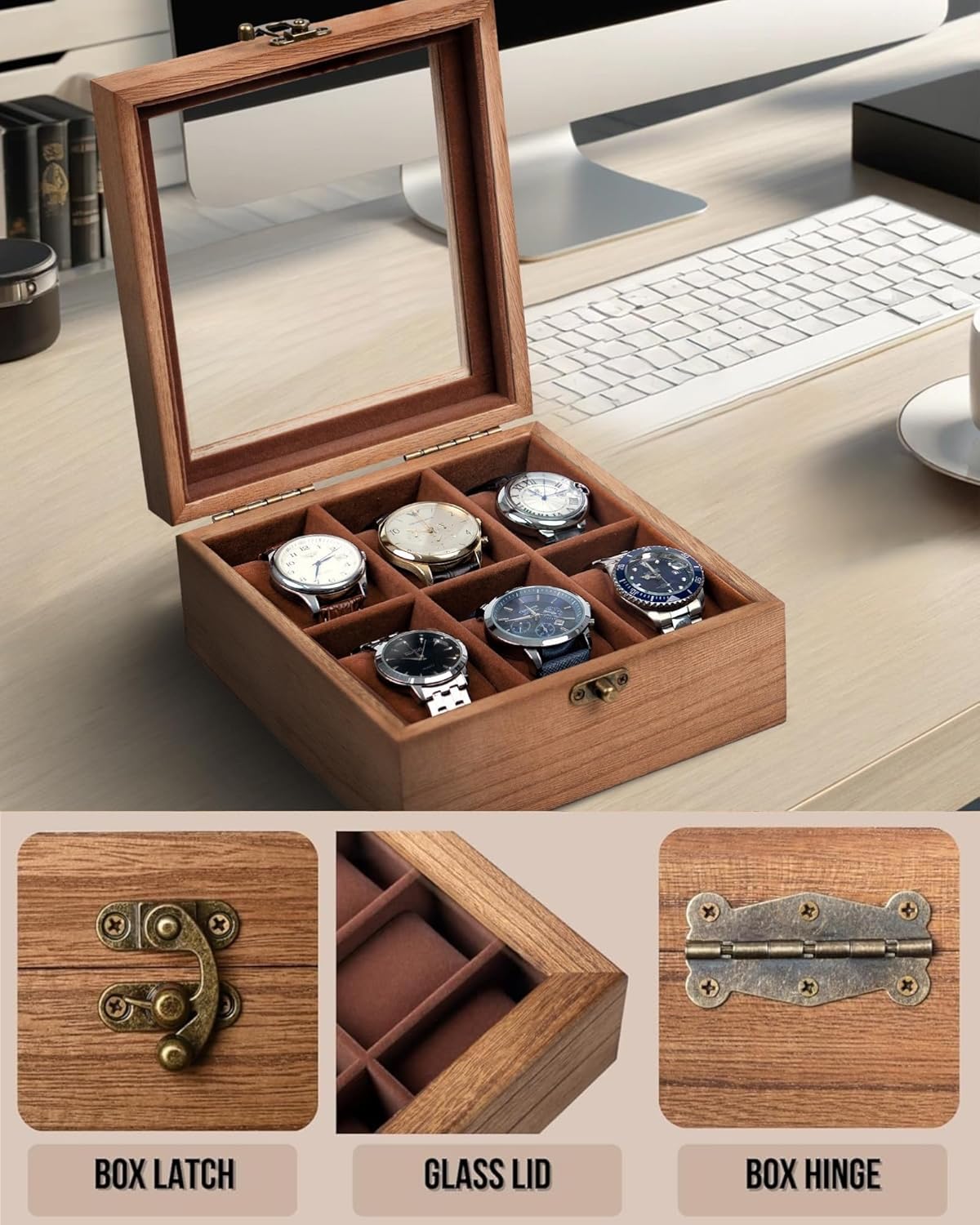 Watch Box, Watch Case for Men Women with Large Glass Lid, Wooden Watch Display Storage Box with 6 - Slots, Retro Burlywood 6x2 Mens Watch Box Organizer