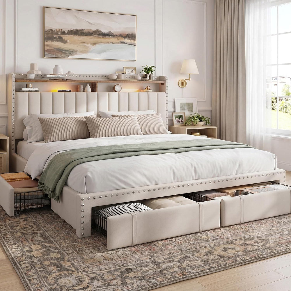 EnHomee King Size Bed Frame with 4 Storage Drawers & Storage Headboard