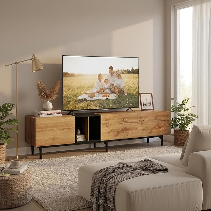 Modern 76.8" TV Stand for TVs Up to 80", Wooden Entertainment Center with 3 Cabinets & Open Shelves, Media Console with Storage for Living Room, Bedroom & Entertainment Spaces