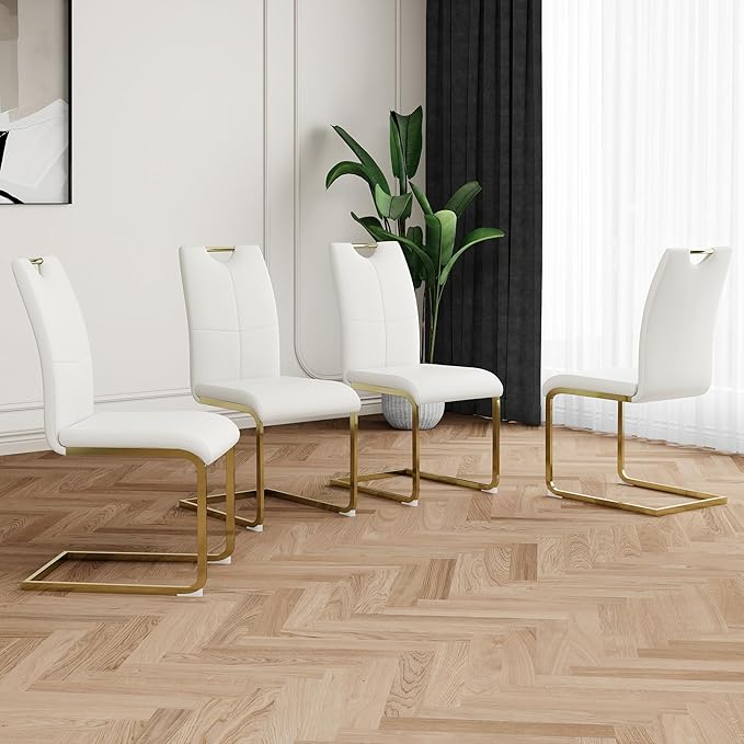 Goujxcy Dining Chairs Set of 4, Modern High Back Kitchen Chairs with Metal Legs and Faux Leather Padded Seat Upholstered Dining Chairs for Dining & Kitchen,Living Room (White&Gold, Set of 4)