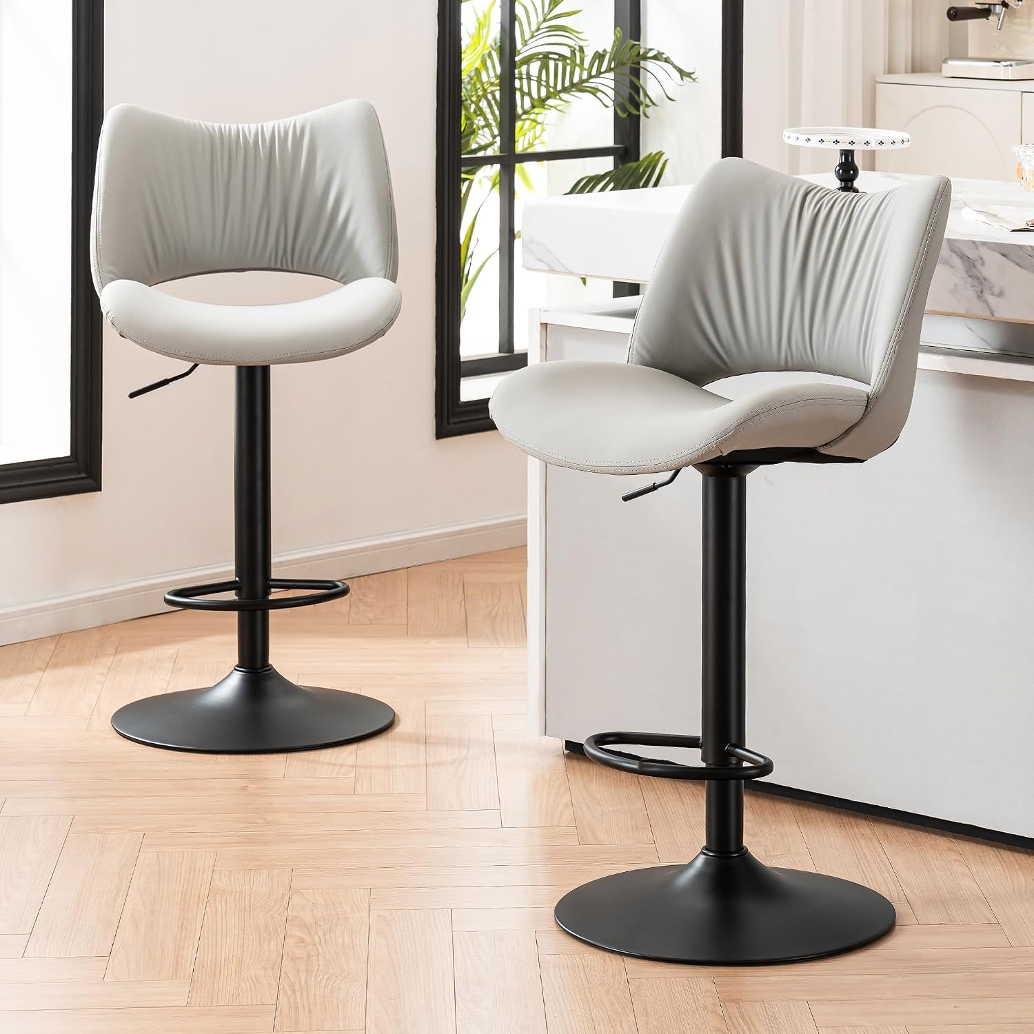 Rowill Bar Stools Set of 2 Modern Counter Height Barstools Swivel Adjustable Faux Leather Bar Chairs for Kitchen Island with Back and Metal Base, Gray