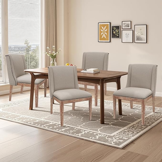 Dining Chair Set of 4, Fabric Upholstered Kitchen Side Chairs with Wooden Legs for Kitchen & Restaurant Use, Beige