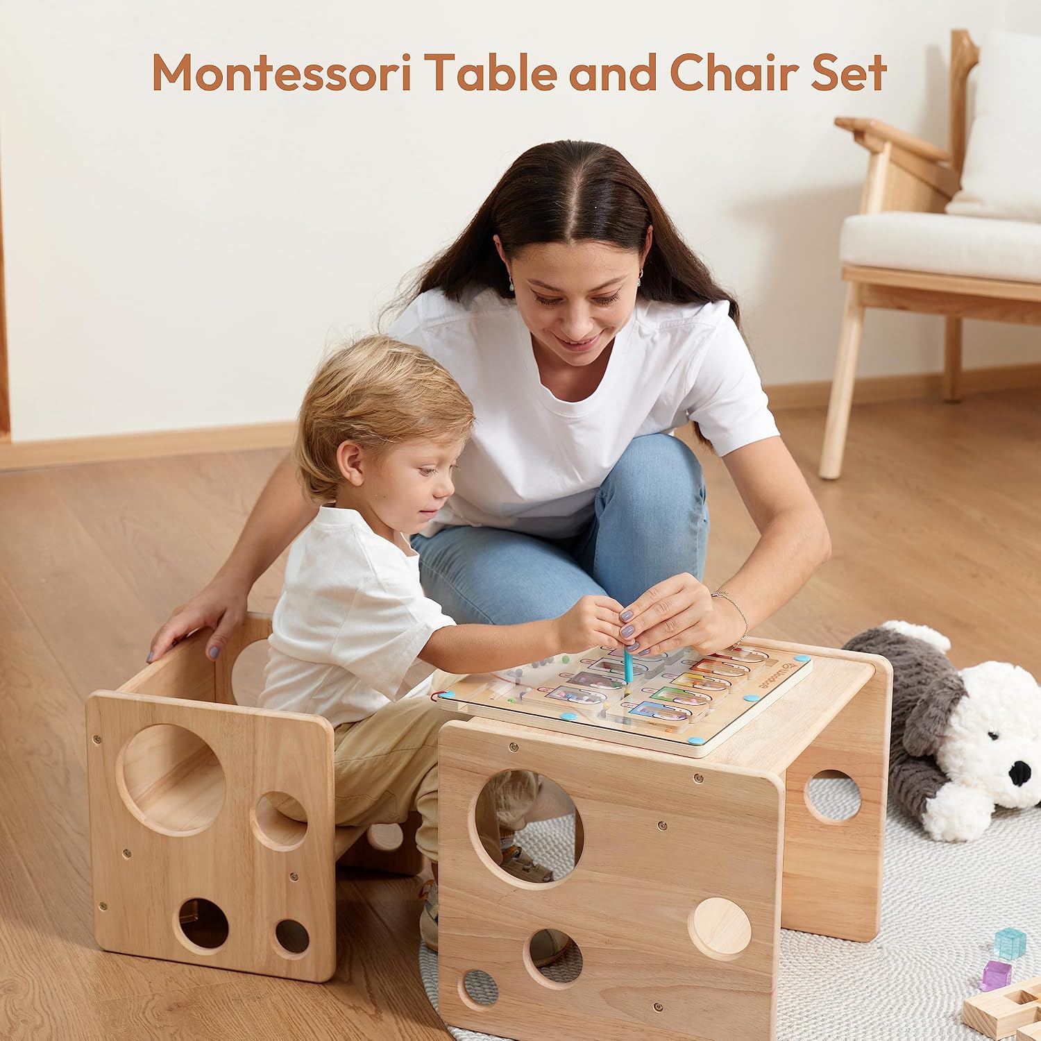Montessori Weaning Table and Chair Set, Adjustable Toddler Furniture to 1-3 | Solid Wood Material, Multi-Scene Use, Ideal for Learning, Eating and Drawing, Safe Activity Furniture for Baby Boys and Girls