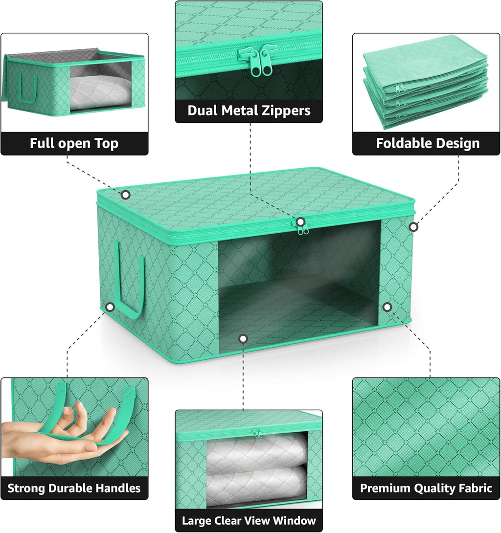 Sorbus Medium Clothes Storage Bags - Foldable Blanket Storage Bins for Organizing Bedroom, Closet, Clothing, Comforter, Organization with Clear Window, Lids and Carry Handles - Set of 3