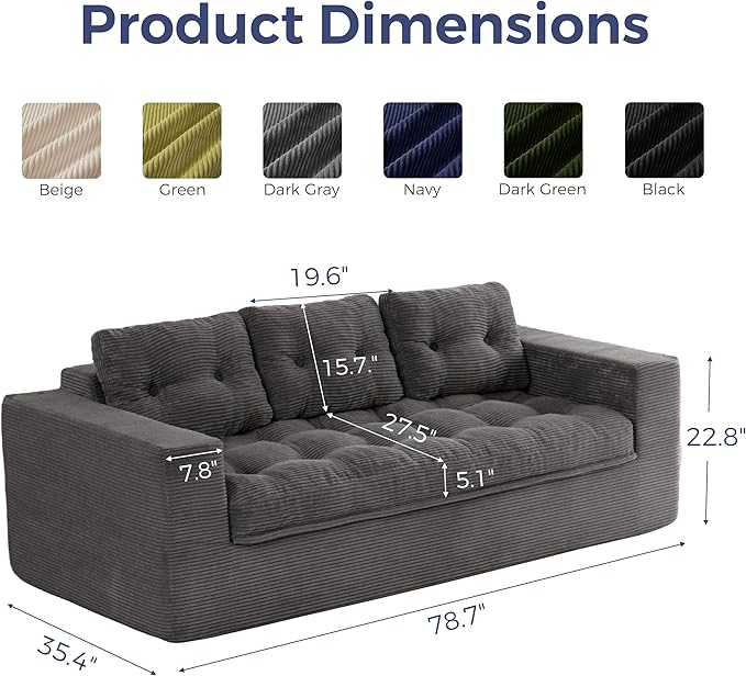 MAXYOYO 79" Loveseat Sofa Couch for Small Spaces, Upholstered Boneless Cloud Couch for Apartment Bedroom, 2-Seater Love Seat Floor Modern Sofa with Pillows, No Assembly Required, Dark Grey