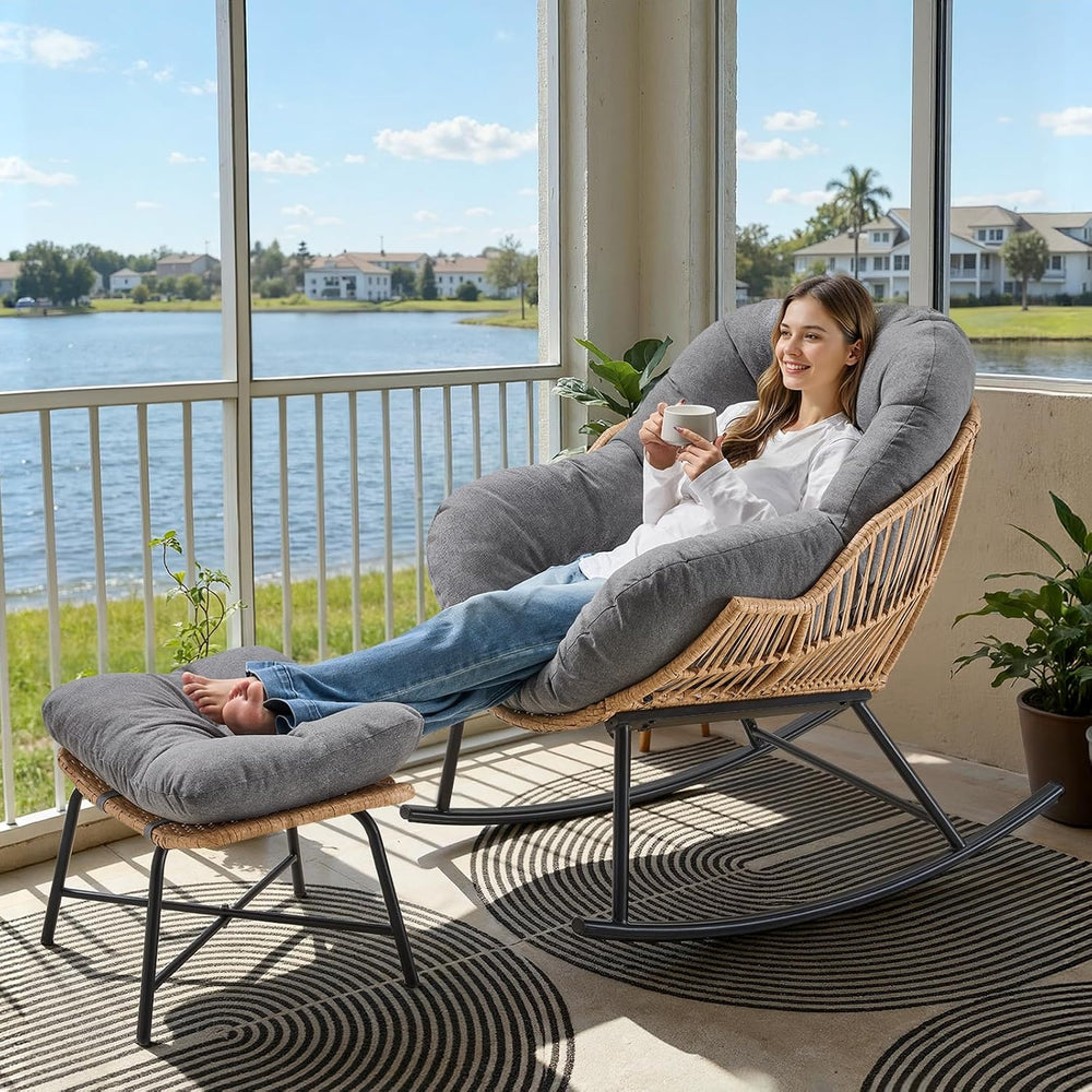 ONBRILL Papasan Rocking Chair with Ottoman,Oversized Papasan Chair with Padde...