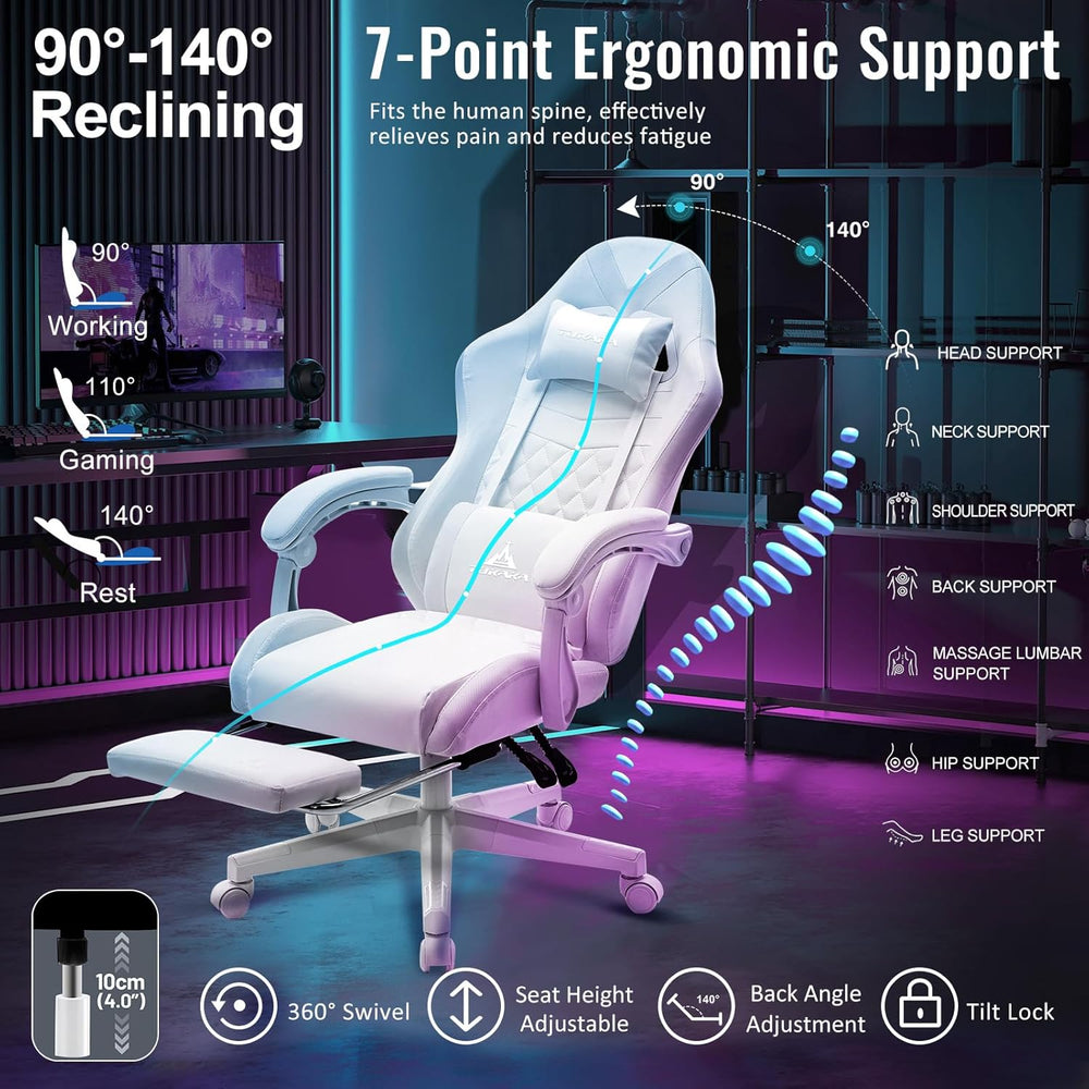 White Gaming Chair,Ergonomic Massage Office Desk Chair with Footrest | Pocket...