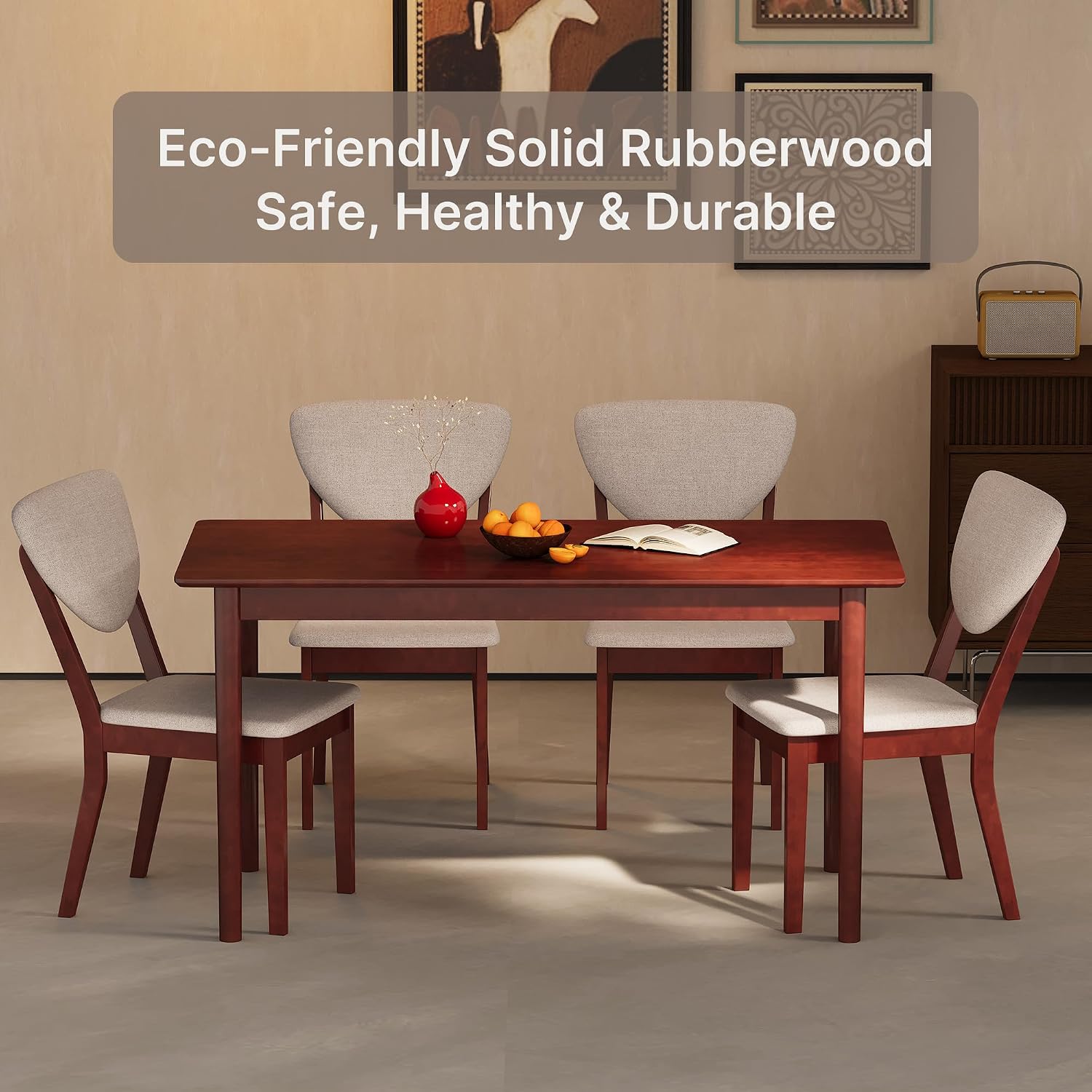 Ahomly 5-Piece Dining Table Set for 4,Solid Wood Kitchen Table Set with 4 Upholstered Linen Chairs, Space-Saving Dining Room Furniture for Apartment, Home, Dark Cherry/Grey