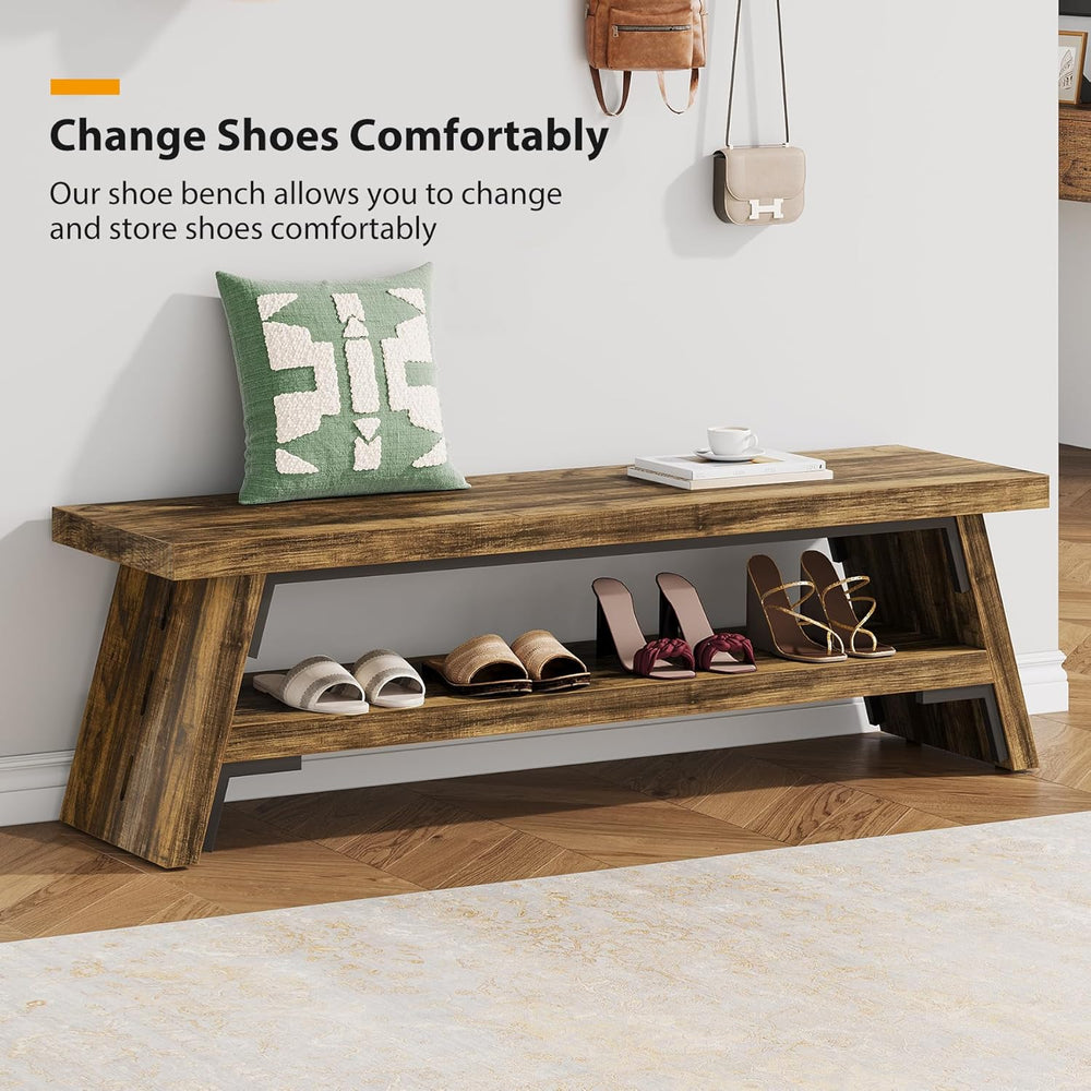 47 inch Entryway Bench, Wood Entry Bench for Shoe Storage, 2-Tier Modern Farm...