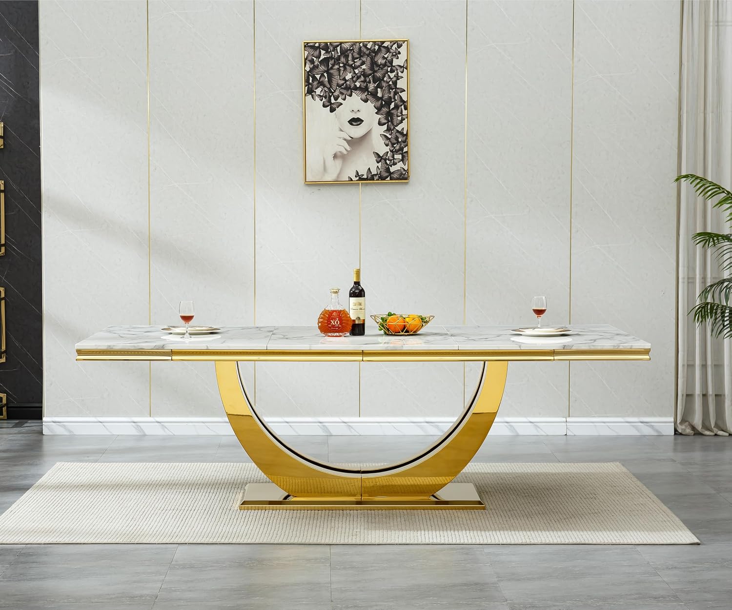 94 Inch White Marble Dining Table for 6-10 People, Modern Extra Long Rectangular Kitchen Table w/Faux Marble Top & Gorgeous Mirrored Stainless Steel Base, Large Rectangular Gold Dining Room Table