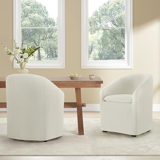 Upholstered Dining Chairs with Casters, Washable Cover Modern Dining Room Chairs with Barrel Backrest & Dual Armrest for Kitchen, Living Room, Bedroom, Linen Fabric, 2PCS