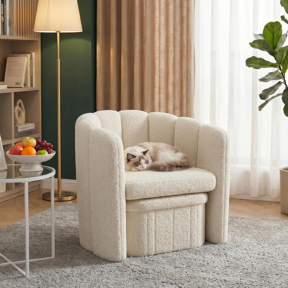 Homkdom Barrel Accent Chair with Storage Ottoman, Teddy Fleece Shell Back, Er...