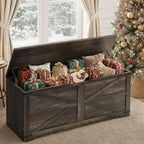 DWVO Wooden Storage Bench, Farmhouse Storage Chest with Safety Hinges, Entryway Shoe Organizer, Multi-Use Storage for Living Room/Bedroom, 47.2" L, Dark Rustic Oak | 2 slow-close safety hinges, large hidden storage, multi-use for entryway bedroom living
