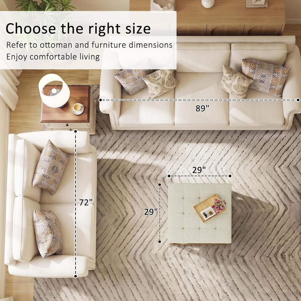 Befurtori Large Square Ottoman Coffee Table, Linen Solid Upholstered Footrest...