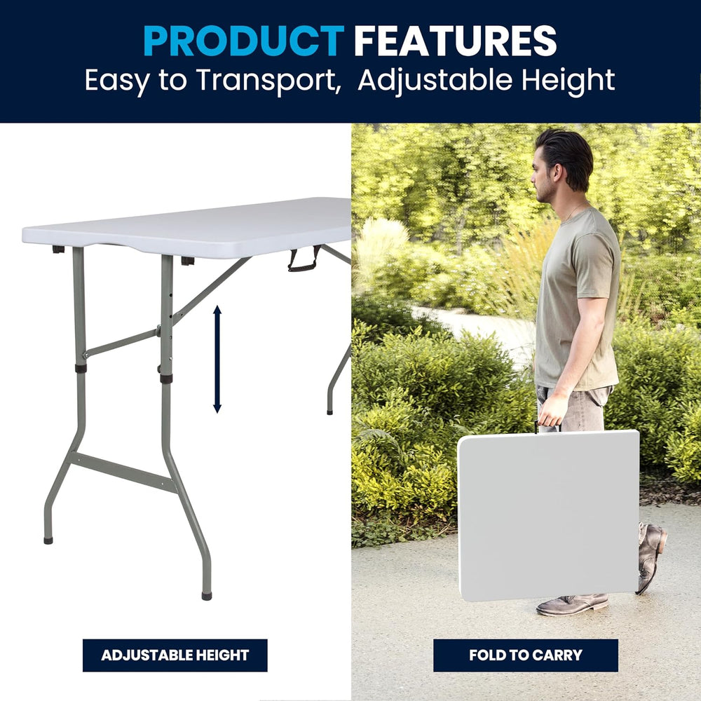 Flash Furniture 5 ft Plastic Bi-Fold Table, Granite White | Height Adjustable...
