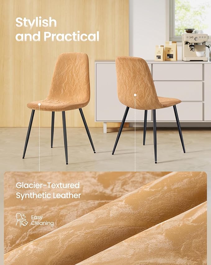 VASAGLE Dining Chairs, Set of 4 Dining Room Chairs, Metal Frame, Adjustable Feet, Easy to Clean, Glacier-Textured Synthetic Leather, for Kitchen, Caramel Brown UKDC188K01