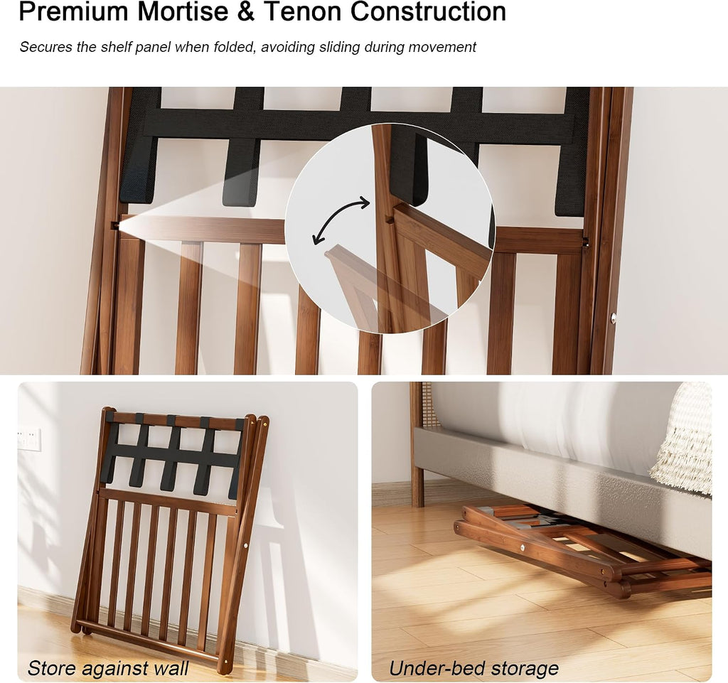 Fully Assembled Luggage Rack Set of 2 for Guest Room, Bamboo Suitcase Stand with Foldable Storage Shelf, Crossed Nylon Straps Folding Luggage Holder for Bedroom and Hotel, Walnut