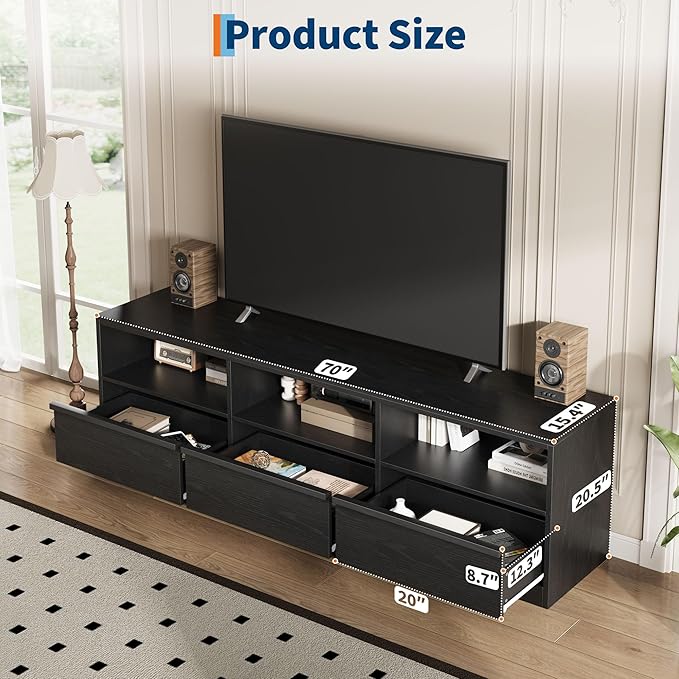 IDEALHOUSE 70 inch TV Stand for 80" TVs, Mid Century Modern Entertainment Center with Storage Drawer & Open Shelves, Wood Media Console Cabinet for Living Room/Bedroom, Black