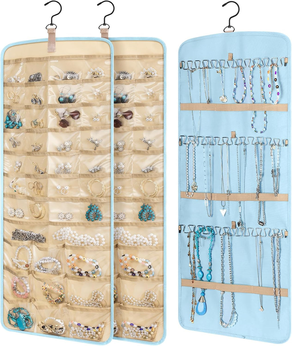 2 Pack Hanging Jewelry Organizer Storage with 39 Pockets, 30 Necklace Hooks Double Sided Wall Mount Earring Holder Organizer Bracelet Necklace Jewelry Display Hanger for Closet Door (Blue)
