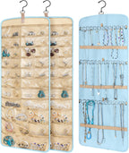 2 Pack Hanging Jewelry Organizer Storage with 39 Pockets, 30 Necklace Hooks Double Sided Wall Mount Earring Holder Organizer Bracelet Necklace Jewelry Display Hanger for Closet Door (Blue)