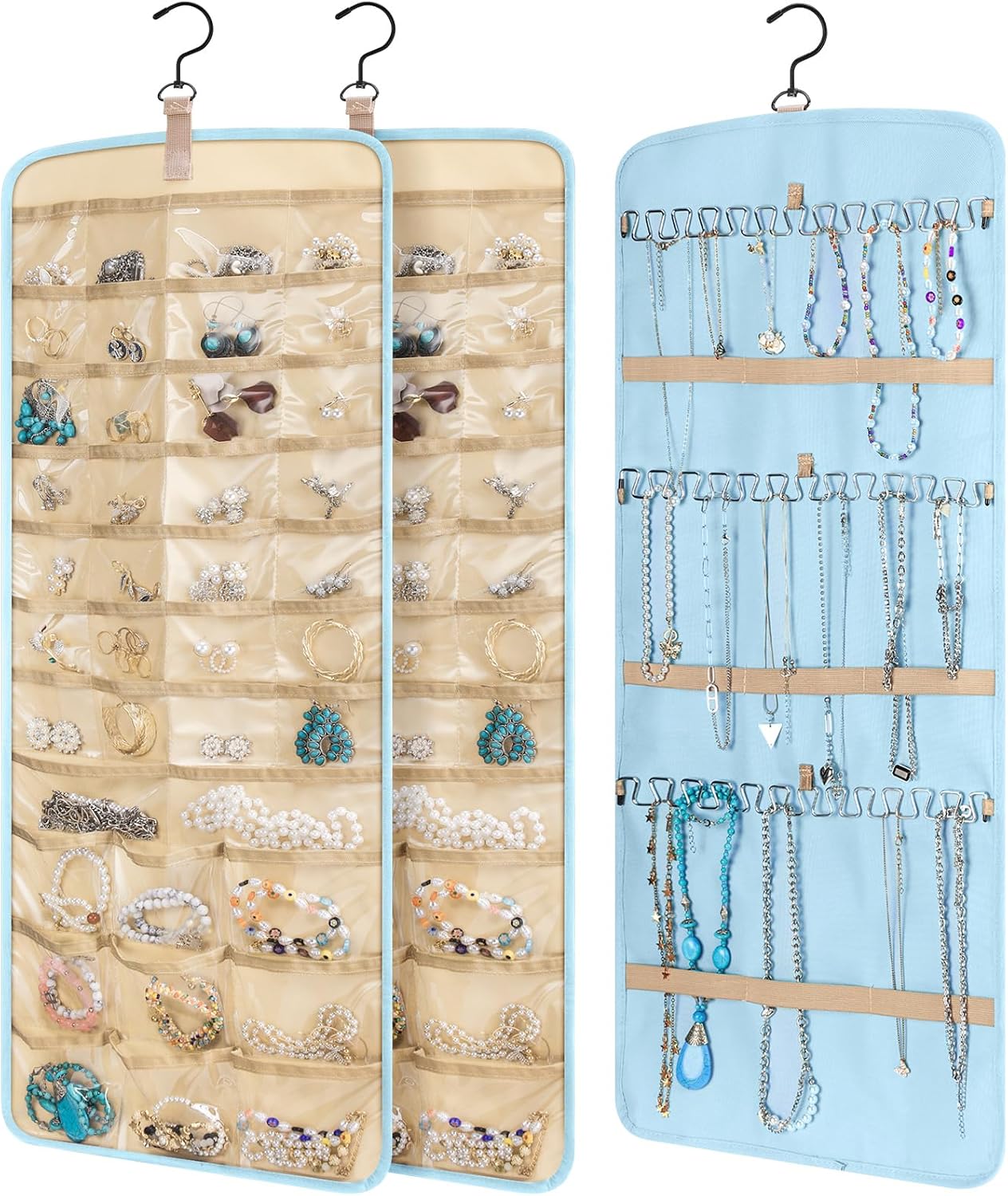 2 Pack Hanging Jewelry Organizer Storage with 39 Pockets, 30 Necklace Hooks Double Sided Wall Mount Earring Holder Organizer Bracelet Necklace Jewelry Display Hanger for Closet Door (Blue)