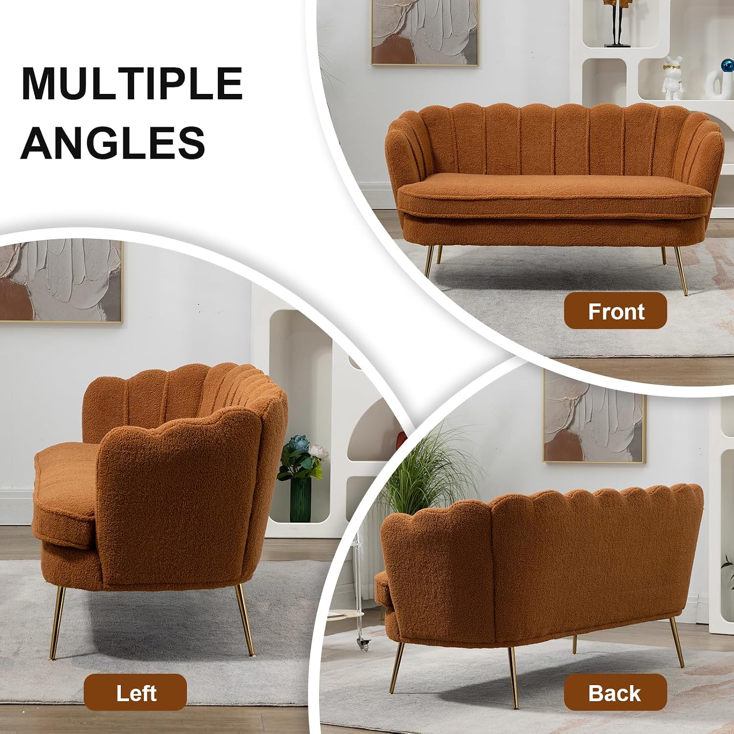 59" Wide Loveseat Sofa, Chenille Upholstered Small Couch | Petal-Shaped Design, Modern Leisure Sofa with Gold Metal Legs, 450LBS Solid Support, Mini Room Couch for Bedroom, Caramel