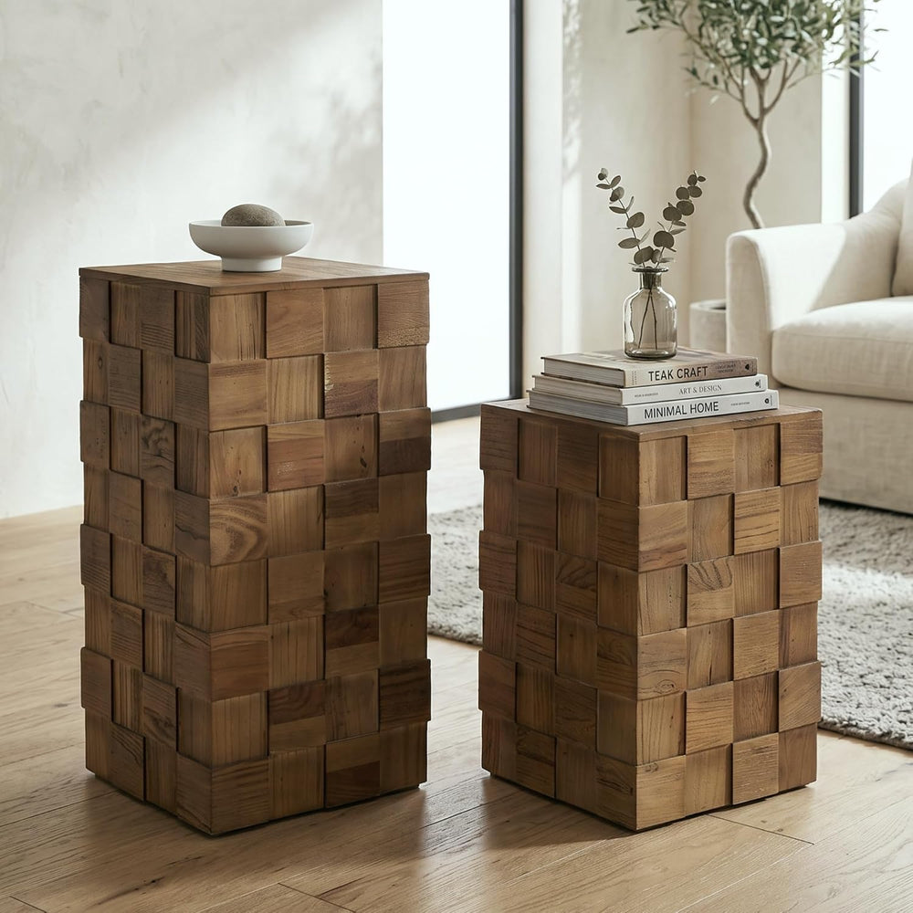 Nesting End Table, Textured Block Design Side Table, Natural | Solid Elm Wood...