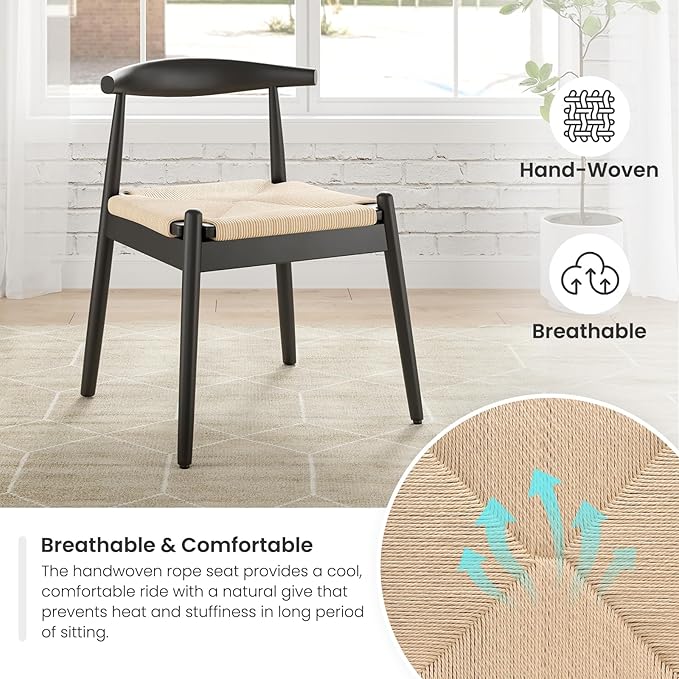 Farini Mid Century Modern Dining Chairs Set of 2, Solid Wood Frame Kitchen Chairs with Woven Upholstered Seat for Dining Room & Breakfast Nook,Black-Beige