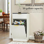 Tilt-Out Trash Cabinet, White Laundry Hamper Cabinet with Black Top, 34.3 x 19 x 13.8 inches, 10 Gallon Capacity, Wave-Textured Front, Storage Drawer.