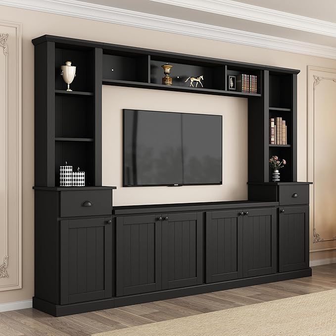 Ball & Cast TV Stand with Cabinets for TVs up to 75",Wall Unit Entertainment Center with Storage and Open Shelves,Modern Media TV Console with 2 Drawers for Living Room,Black
