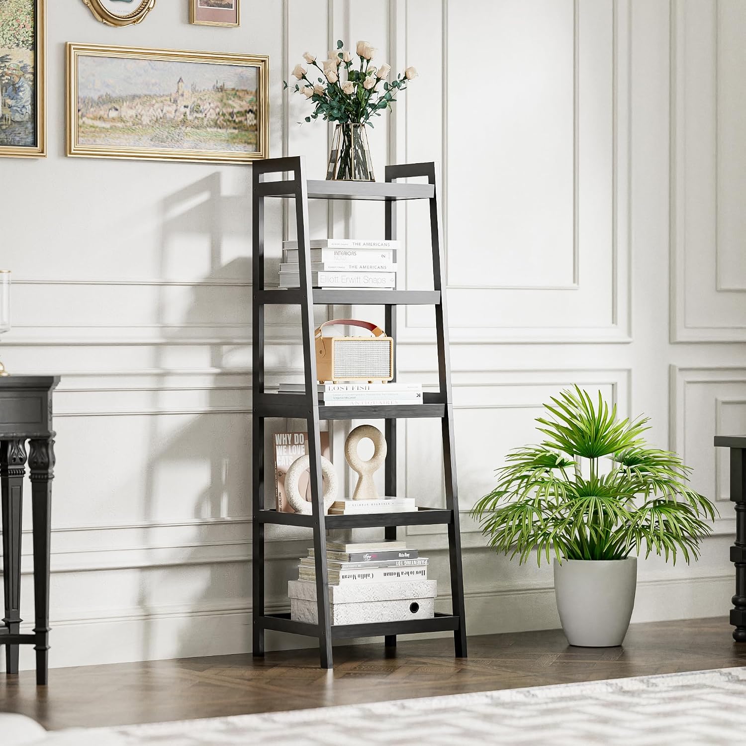 SMIBUY Bamboo Ladder Bookcase, Bathroom Storage Rack Organizer, 4 Tier and 5 Tier Freestanding Plant Display Stand Space Saver Shelves for Bedroom, Kitchen, Balcony (Black, 5 Tiers (50" H))
