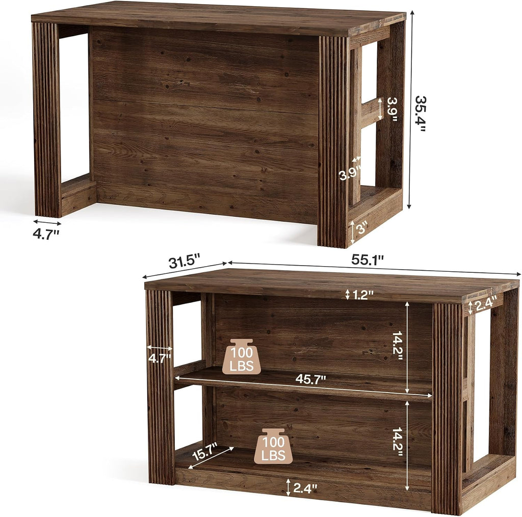 55" Solid Wood Kitchen Island Table with Storage | Farmhouse Island Table with 2-Tier Open Shelves, Sturdy Counter Height Bar Table for Kitchen, Dining Room, Rustic Brown