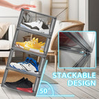 2 Pack Shoe Organizers Storage Boxes for Closet Clear Plastic Stackable Shoe Box Storage Bins with Lids, Under Bed Shoe Containers for Entryway, Size 12 Gray