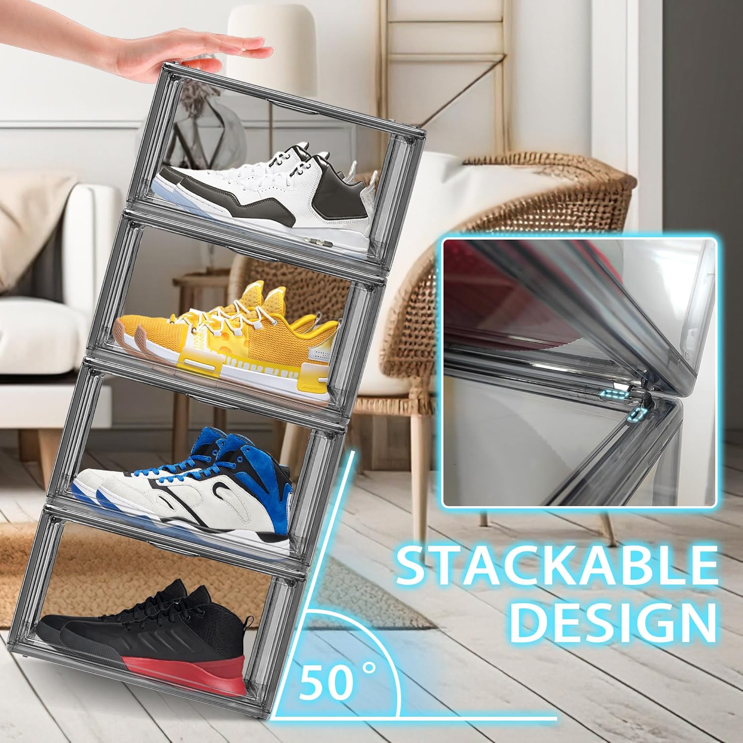2 Pack Shoe Organizers Storage Boxes for Closet Clear Plastic Stackable Shoe Box Storage Bins with Lids, Under Bed Shoe Containers for Entryway, Size 12 Gray