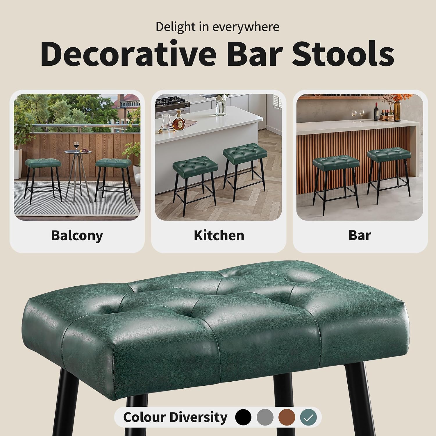 STOOLINK Bar Stools Set of 2, 24 Inch Counter Height Bar Stool for Kitchen Island, Modern Bar Hight Stools with Sturdy Metal Base and Thickened Saddle Cushion, 330Lbs, Green