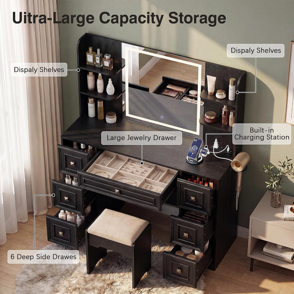 YESHOMY Makeup Vanity Desk,LED Mirror,Charge Hub,Hair Tool Organizer | UL Fas...