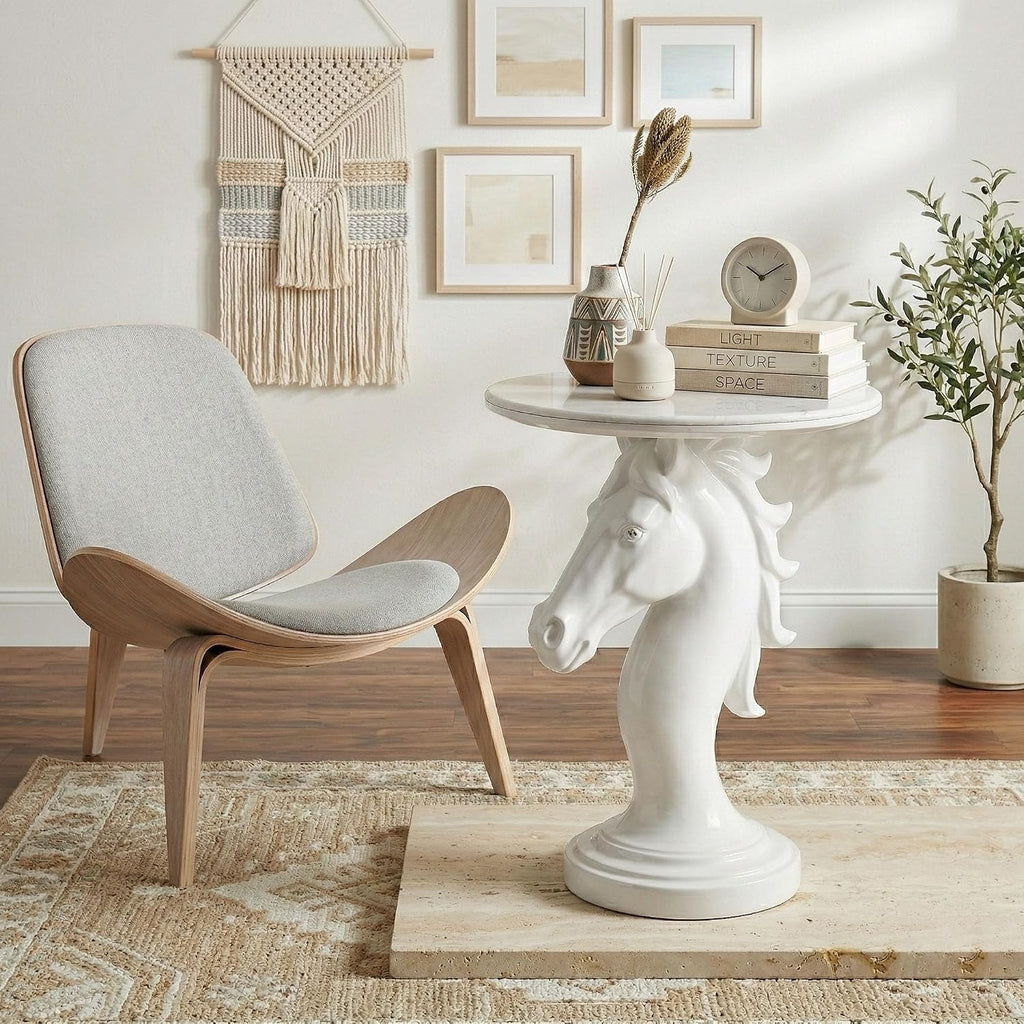 Modern Horse Statue Side Table - Round Faux Marble Top Accent Pedestal with Sculpture Base for Entryway & Living Room, White