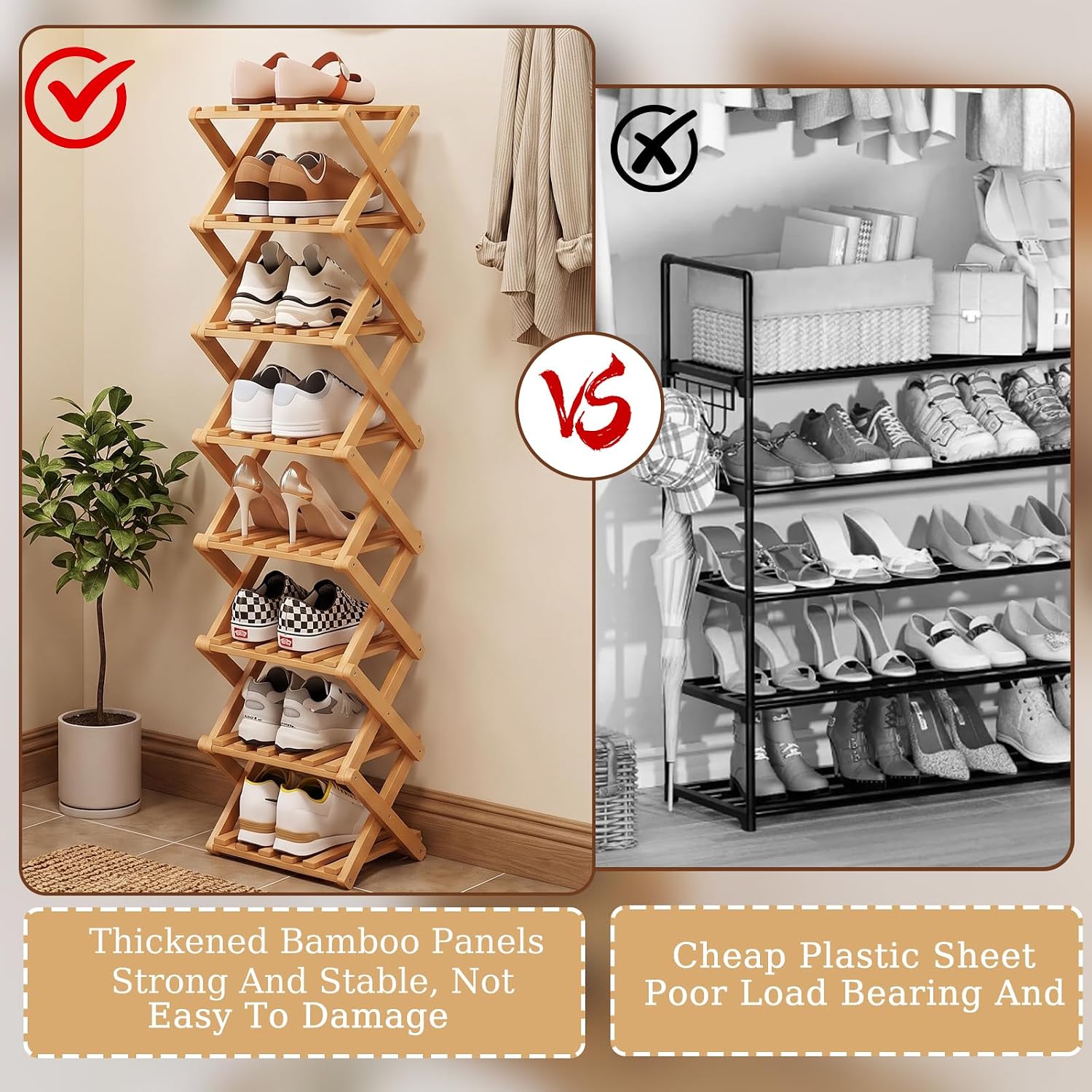 Bamboo Shoe Rack, Portable Folding Storage Rack, No Installation | Eight Layers Of Primary Colors, Free Standing Design, Ideal For Entryway, Closet, Dorm, Small Spaces