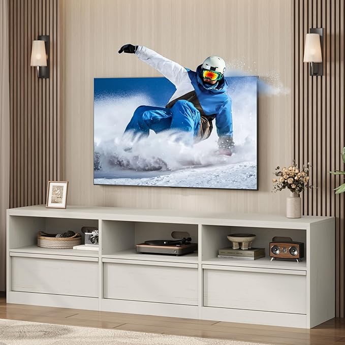 IDEALHOUSE 70 inch TV Stand for 80" TVs, Mid Century Modern Entertainment Center with Storage Drawer & Open Shelves, Wood Media Console Cabinet for Living Room/Bedroom, White
