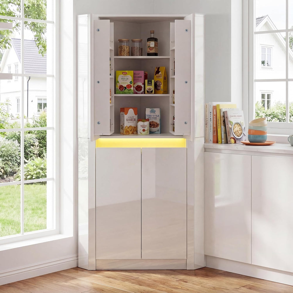 Anbuy 67'' Tall Pantry Cabinet with Led Light, Corner Pantry Cabinet ...