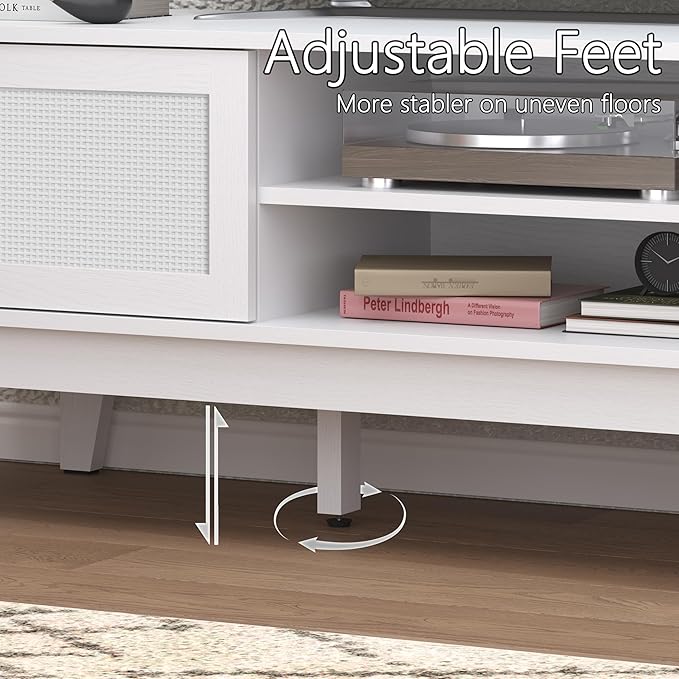 Boho TV Stand for 55 65 Inch TV, Rattan Entertainment Center with Shelves, Ca...