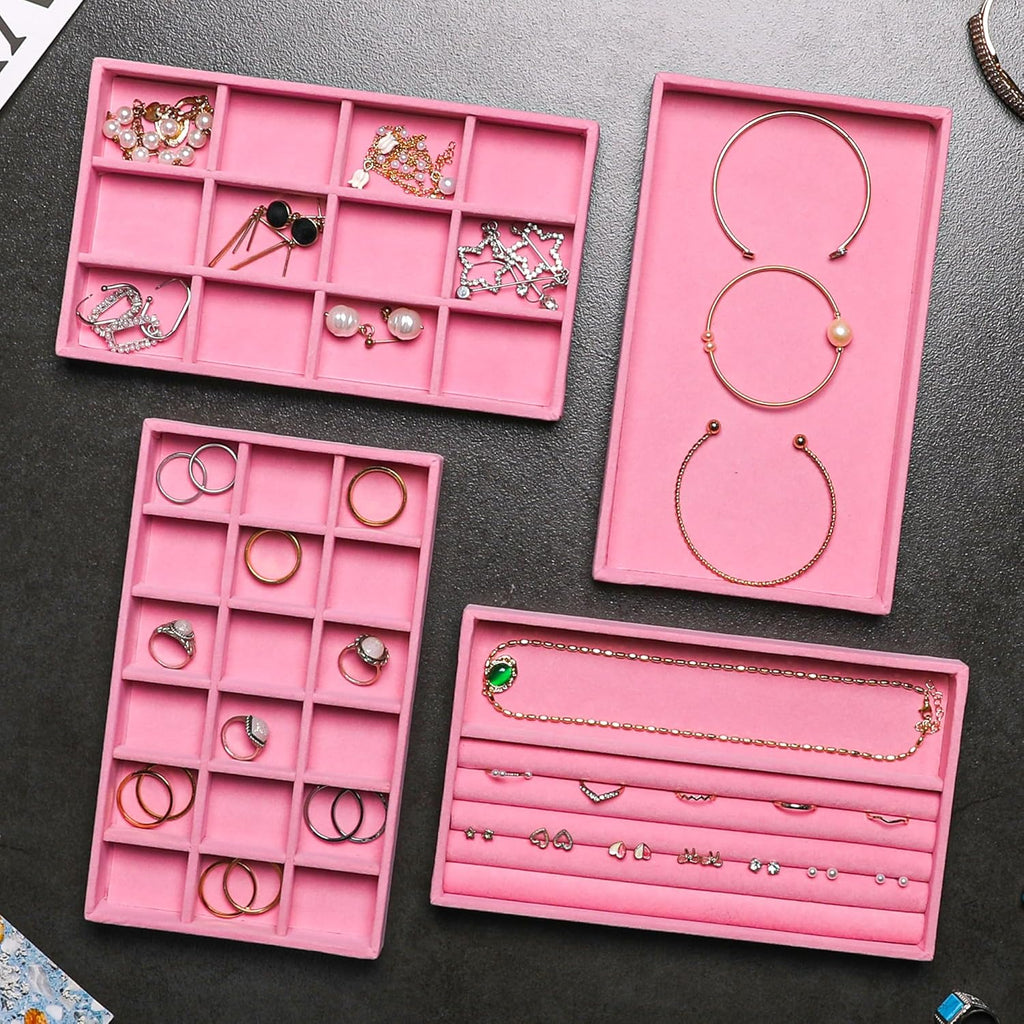 Frebeauty Jewelry Organizer Tray,Stackable Velvet Jewelry Trays,Drawer Inserts Earring Organizer For Women Jewelry Storage Display Case for Rings Stud Necklaces,8.3 x 4.9 x 1 Inches (Pink)