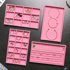 Frebeauty Jewelry Organizer Tray,Stackable Velvet Jewelry Trays,Drawer Inserts Earring Organizer For Women Jewelry Storage Display Case for Rings Stud Necklaces,8.3 x 4.9 x 1 Inches (Pink)