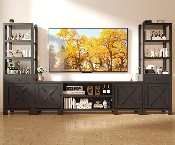 94" W Entertainment Center with Bookshelves & Storage, Large Wall Unit TV Stand for TVs up to 70", Modern White Wood Media Console with Power Hub for Living Room (Black)