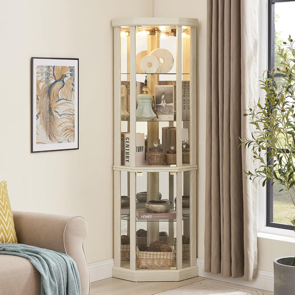69" H Lighted Corner Display Cabinet, Curio Corner Glass Cabinet w/Adjus...