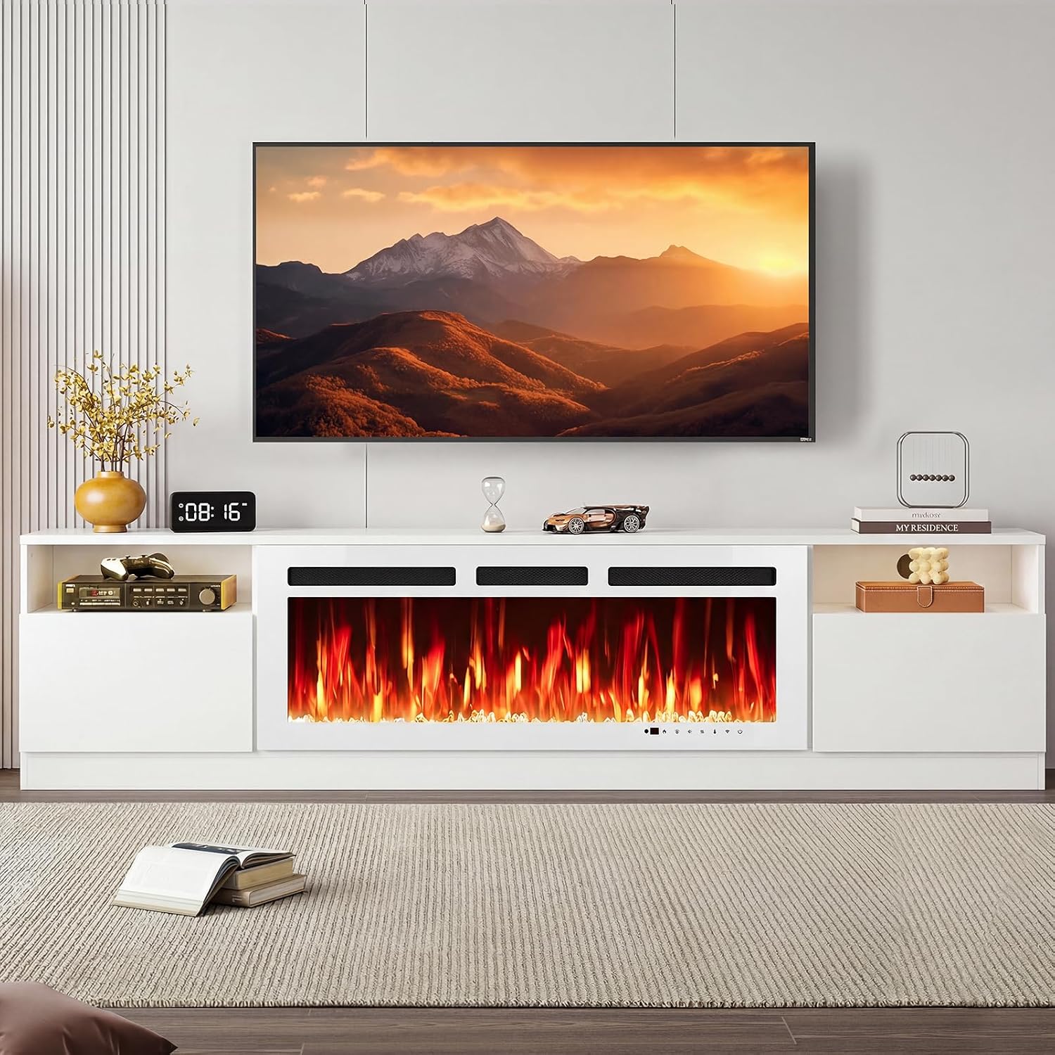 90” TV Stand with 50” WI-FI Electric Fireplace, Large Modern Media Entertainment Center with Storage Cabinet and 12 Colors LED Lights for TVs Up to 100",All White