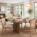 Farmhouse Rattan Dining Chairs Set of 2, Cream Linen Upholstered with Cane Back, Comfortable Side Wood Chairs for Dining Room/Kitchen/Living Room/Restaurant